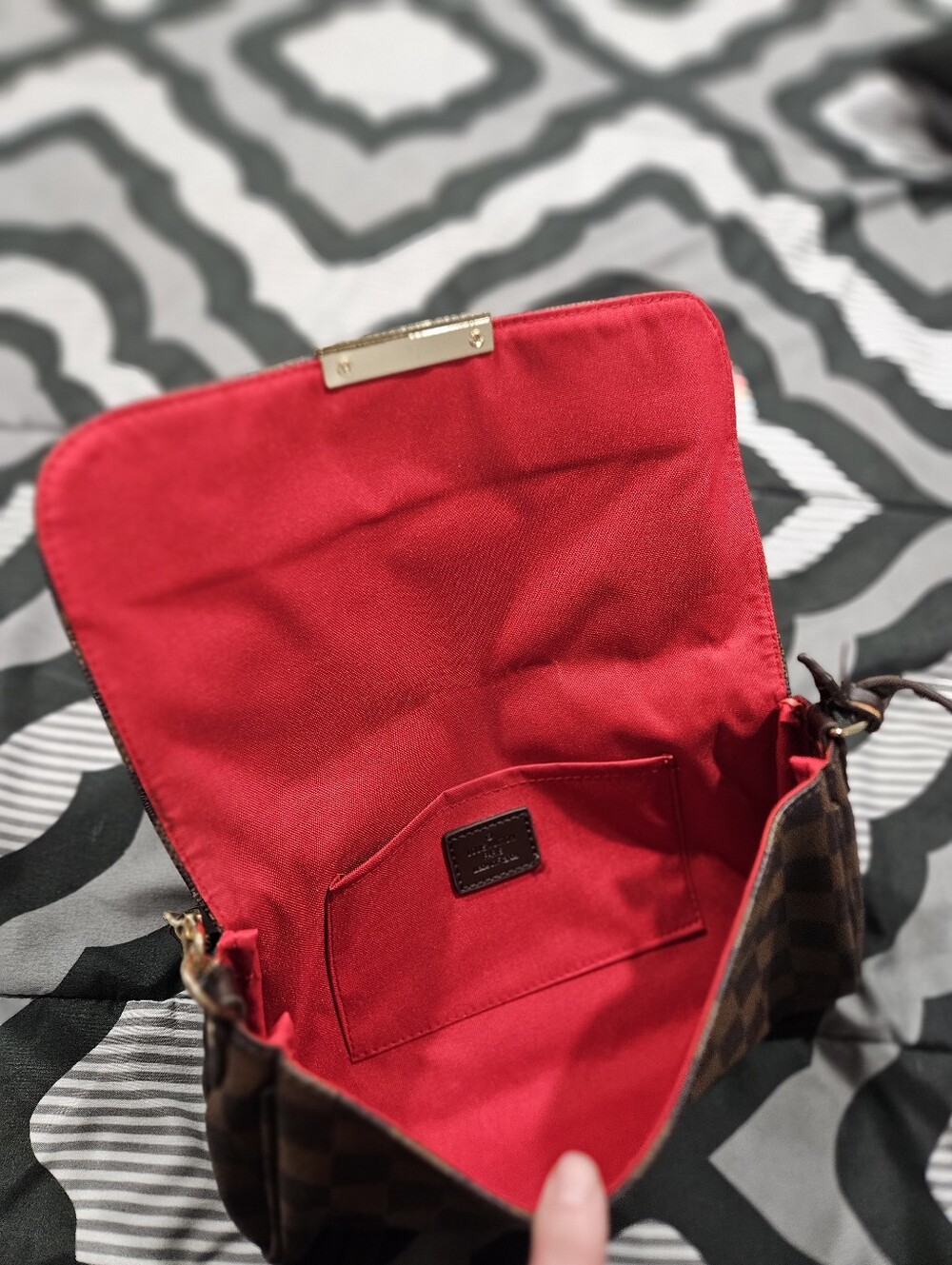 Brown Checkered Crossbody Bag with Pom Pom - Picture 7 of 9